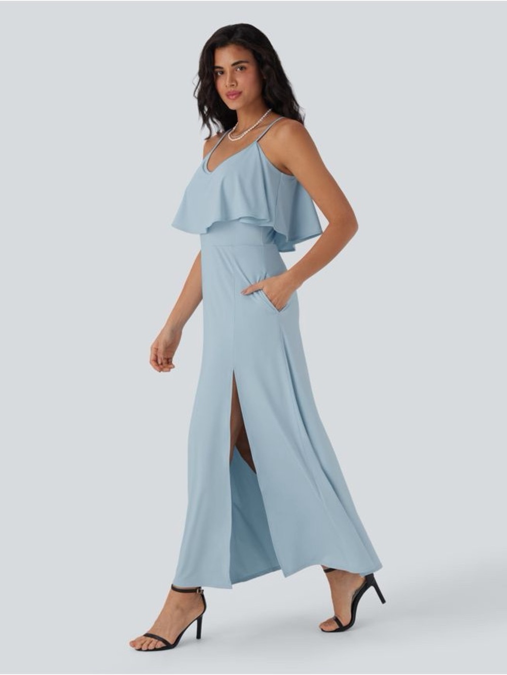 HALARA NWOT Sz Small Ruffle Maxi Slip Dress with Pockets Winter Sky